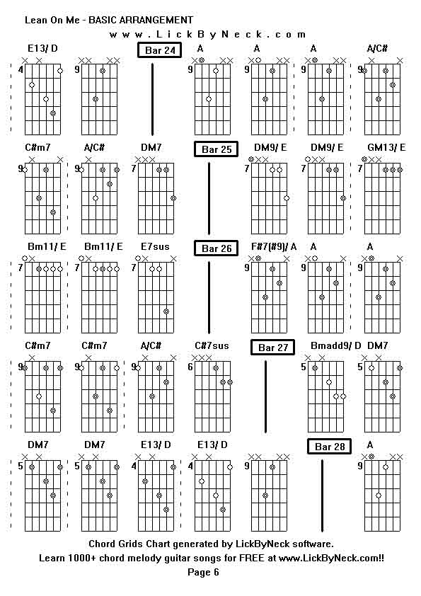 Chord Grids Chart of chord melody fingerstyle guitar song-Lean On Me - BASIC ARRANGEMENT,generated by LickByNeck software.